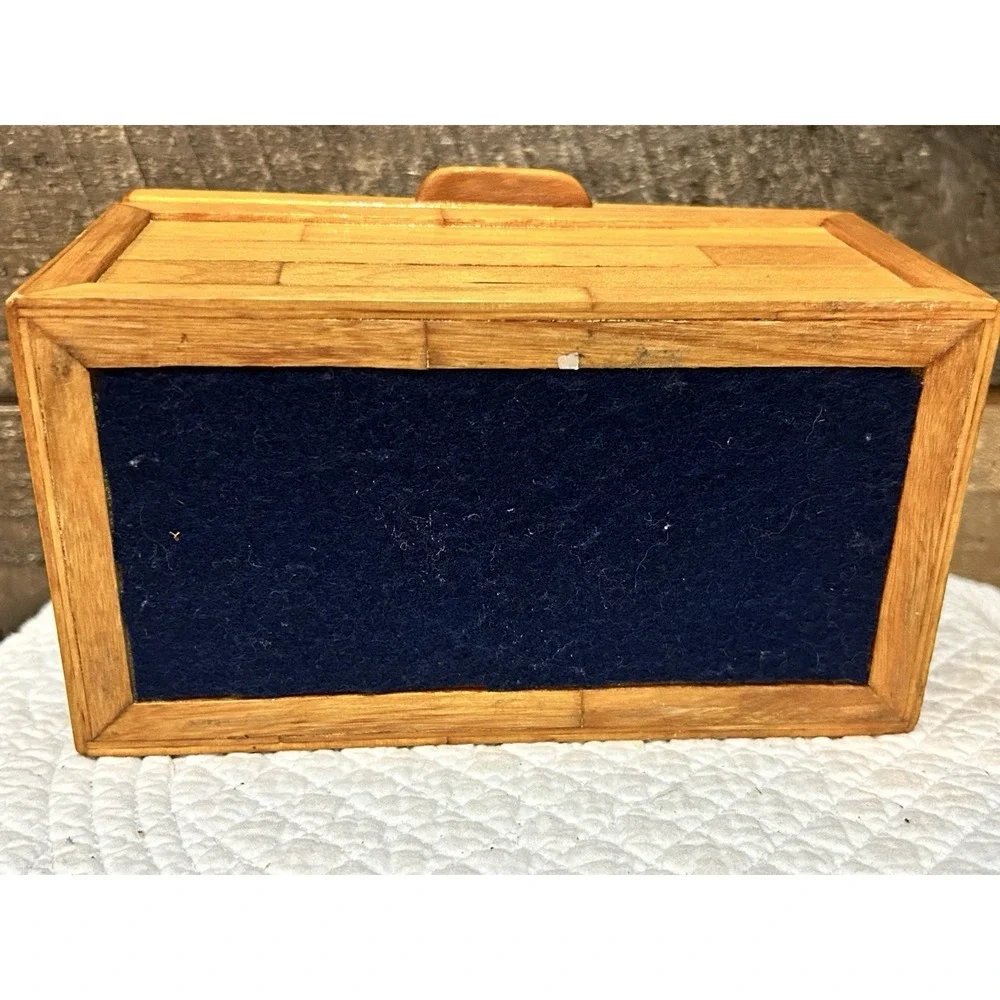 Hand Crafted Bamboo Wood Jewelry Keepsake Box Vintage Blue Inside